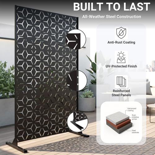 6FT Metal Privacy Screen Outdoor – Decorative Laser Cut Privacy Fence Panel for Patio, Deck & Garden, Rustproof Steel Privacy Divider, Modern Geometric Design, Freestanding Outdoor Privacy Screen - color: Black Hexagon