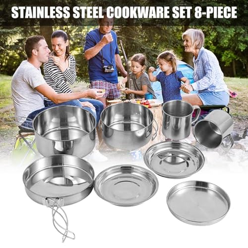 Camping Cooking Set 8PCS Stainless Steel Camping Cookware Portable Cooking Pot and Pan Set with Plates Cups for 5-6 Adults Outdoor Hiking Picnic BBQ, Camping Pots and Pans Set