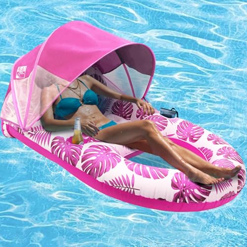 COOLCOOLDEE Pool Lounge Float with Canopy UPF50+,Extra Large Pool Floats for Adults Heavy Duty,Inflatable Lounger Float with Cup Holder & Backrest,Footrest - color: Pink