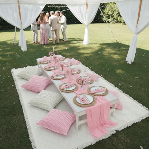 Beeveer 91 x 71 Extra Large Outdoor Boho Picnic Blanket with Pink Table Runner, 6 Throw Pillow Covers 6 Napkins Woven Cotton Yarn Oversize Beach Blanket Washable Picnic Camp Wedding - color: Pink