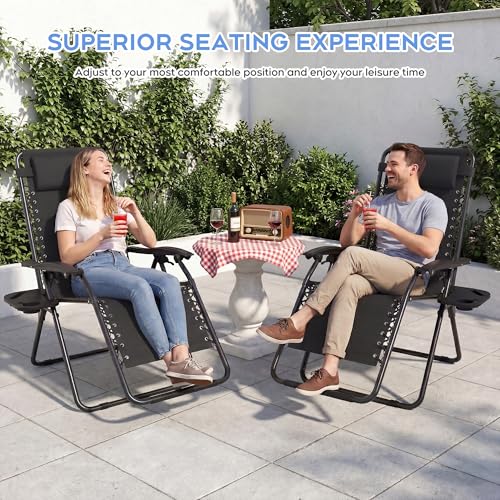 Set of 2 Adjustable Zero Gravity Lounge Chairs Outdoor Recliner w/Cup Holder Tray & Removable Pillows, Ergonomic Reclining Chair for Camping Patio Lawn Balcony (Black) - color: Black