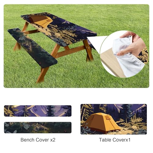 ANNA QUEEN Camping Adventure 6FT Picnic Table Cover with Bench Covers Set of 3 with Drawstring Bag, Forest Tent Scene 72"x30" Waterproof Picnic Tablecloth & Bench Covers for Outdoor Dining - color: #52