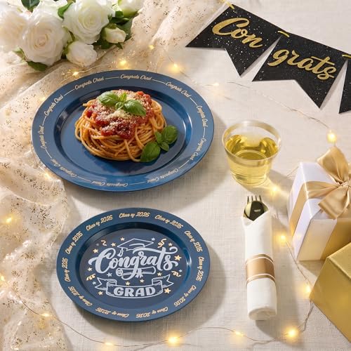 Goodluck 350 Piece Graduation Navy Blue Plastic Dinnerware Set for 50 Guests, Congrats Grad Disposable Plates Include: 50 Dinner Plates, 50 Dessert Plates, 50 Cups, 50 Rolled Napkins with Silverware - color: Navy Blue, style: 350 Piece (50 guests)