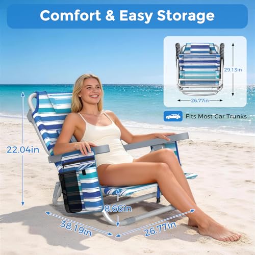 5-Position Backpack Beach Chair for Adults with Lumbar, Foldable Tall Heavy-Duty Beach Chairs with Cooler Bag,Cup Holder,Towel Rack for Beach, Camping, Outdoor (1, Blue&White) - color: Blue&white, size: 1 pack