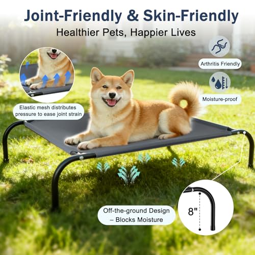 SZEE Raised Dog Cot Bed with Detachable 2-Sided Cooling/Warming Waterproof Mat, Elevated Dog Bed for Medium Sized Breeds with Durable Steel Frame & Sturdy Teslin Mesh, Outdoor & Indoor All-Season Use - size: Medium