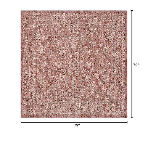 JONATHAN Y Weave Floral Indoor Outdoor Square Area Rug 6X6 Red/Taupe, Tela Bohemian Textured for Backyard, Patio, Porch, Easy-Cleaning, High Traffic, Pet-Friendly, Non-Shedding (SMB100A-6SQ) - color: Red/Taupe, size: 6'7" x 6'7" (Square)
