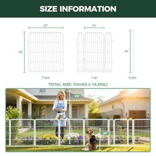 FXW Garden Fence Outdoor for the Yard – 32in(H) x 18.2ft(L) Heavy Duty Metal Animal Barrier for Dog, No Dig Decorative Dog Fence, 8 Panels, White - color: White, size: 32"H