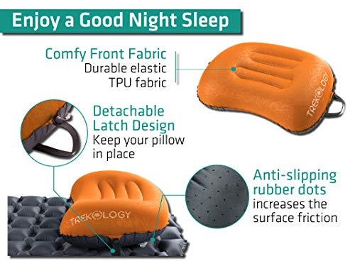 TREKOLOGY Ultralight Inflatable Camping Travel Pillow - ALUFT 2.0 Compressible, Compact, Comfortable, Ergonomic Inflating Pillows for Neck & Lumbar Support While Camp, Hiking, Backpacking - color: Orange