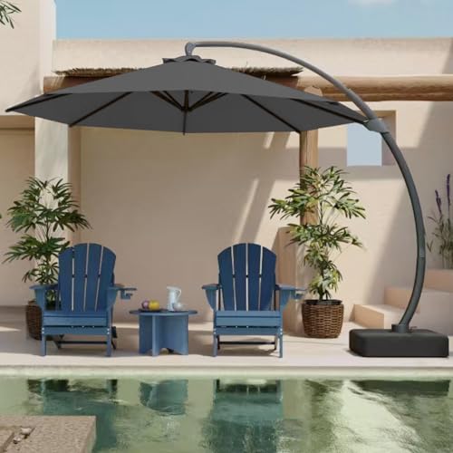 12FT Cantilever Umbrella with Base Large Curvy Outdoor Aluminum Offset Umbrella w/ 360° Rotation, UV Resistant Canopy for Patio, Garden, Backyard, Grey - color: Gray, size: 12FT