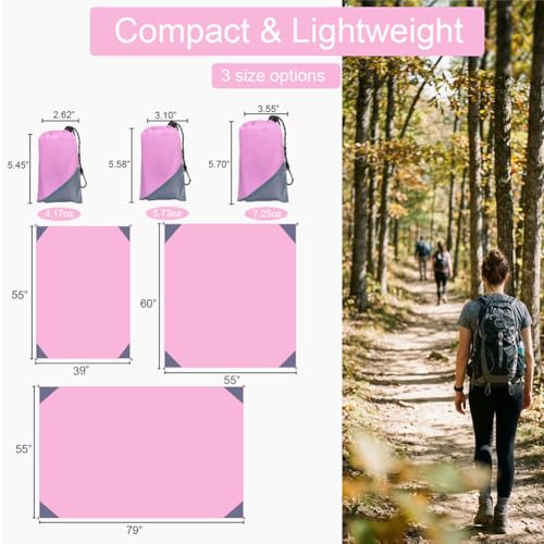 Orga'Neat Pocket Picnic Blanket, Beach Mat Waterproof Sandproof, Compact Lightweight Small Tarp for Camping, Hiking, Backpacking, Festival, Travel, Foldable in Bags (Pink/Grey, 55"x39") - color: Pink/Grey, size: 55"x39"
