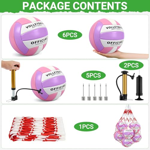 6 Pack Volleyballs Official Size 5, Waterproof Soft Volleyball With Pump and Net Bag for Indoor Outdoor Beach Pool Water Gym Training - Competition Volley Ball for Training Match for Beginner - color: Pink-Purple-White