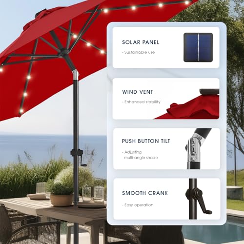 wikiwiki 10FT Solar Led Patio Umbrella with Base Included, 32 LED Lights, 8 Sturdy Ribs, Fade Resistant Waterproof POLYESTER DTY Canopy for Garden, Lawn, Deck, Backyard & Pool, Red - color: Red, size: 10FT