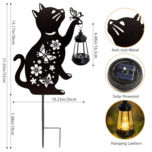 ANGMLN Cat Solar Lights Outdoor, Black Cat Hanging Lantern Waterproof, Cat Lover Gifts for Women Mom Birthday Mother's Day, Metal Garden Statue Yard Decor Patio Pathway Backyard Lawn Ornaments - color: Cat