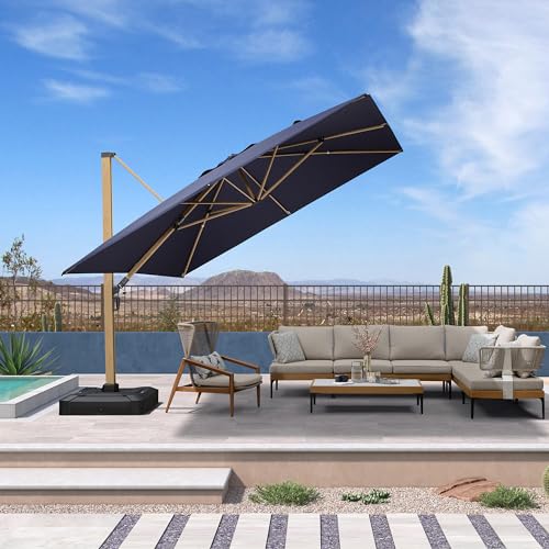 PURPLE LEAF 11FT Patio Umbrella Square Cantilever Umbrella Teak Finished Aluminum Frame Large Windproof Offset Outdoor Sun Umbrellas for Beach Pool Deck, Navy Blue - color: Navy Blue / Umbrella Only, size: 11' X 11'