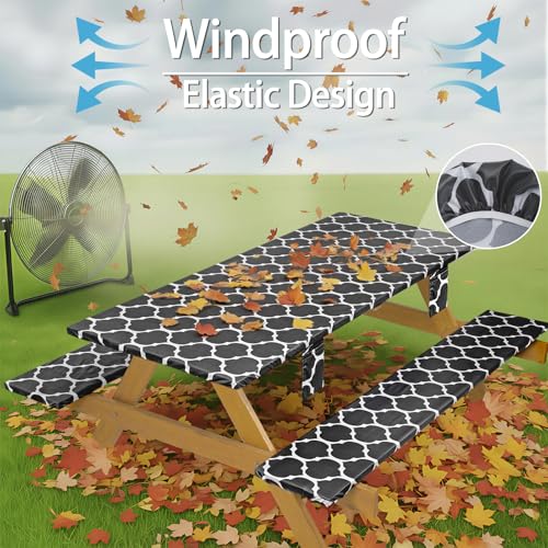 Fitted Picnic Table Cover with Chair Covers Elastic Water Resistant Camping Tablecloth for 8 Foot Rectangle Tables Garden Patio Outdoor Organization Road Trip Hiking Motorhome Essential Gift - color: Black Moroccan, size: 96" x 30" (Rectangular)