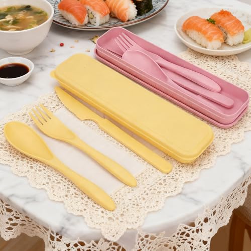 2 Sets Reusable Utensil Set with Case, Portable Camping Fork Knife Spoon Set, Travel Utensils for Lunch Box, for School Work Lunch or Daily Use (Pink, Light yellow) - color: Pink, Light yellow
