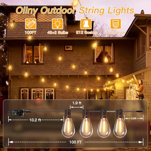 Ollny S11 100FT Outdoor String Lights with Remote, Plug in Waterproof Connectable 3 Modes Dimmable Timers Patio Lights with 48+2 LED Spare Bulbs, Dusk to Dawn Outdoor Light for Outside Bistro Yard - size: 100FT, style: S11-100FT(Remote)