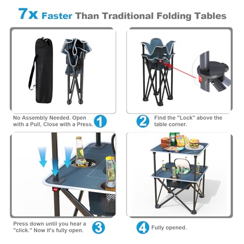 Folding Beach Table, Camping Table for Sand with Insulated Cooler Storage & 4 Cup Holders, Portable Pop Up Picnic Table, Lightweight Side Table for Outdoor - color: Blue-gray With Basic Insulation