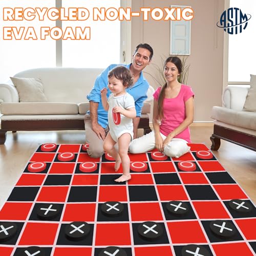 2-in-1 Giant Checkers Game & Tic Tac Toe Game Set, Outdoor Games with 4.6x4.6ft Machine-Washable Mat & 4 Ground Stakes - Perfect Backyard Games for Kids & Adults