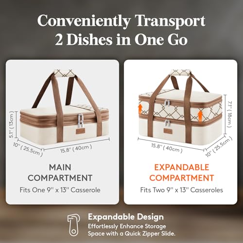 Lifewit Insulated Double Decker Casserole Carrier, Expandable Lasagna Lugger Tote Bag for Hot or Cold Food, Fits 9" x 13" Baking Dish for Potluck Parties, Picnic and Cookouts, Cream-Geometric - color: Cream-geometric