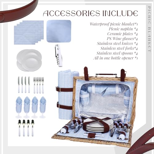 Picnic Baskets Wicker Willow Picnic Set for 4 Persons with Insulated Cooler Bag and Waterproof Blue Picnic Blanket Gift for Christmas Thanksgiving Wedding Birthday Camp Outdoor Beach Travel - color: Light Blue