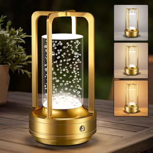 Portable Table Lamp for Outdoor Indoor: Cordless Rechargeable Desk Lamp with 3 Color Stepless Dimmable - Metal Battery Operated Lantern Light for Bedroom/Bar/Coffee Shop/Camping (Gold (Bubble)) - color: Gold (Bubble)