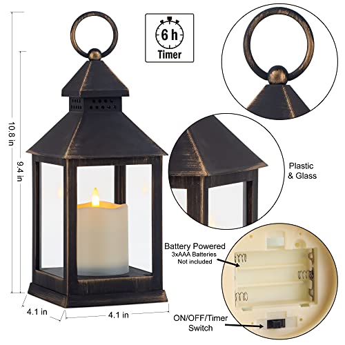 Vintage Golden Brushed Black Lantern Decorative LED Flickering Flameless Candle with Timer, Battery Powered LED Decorative Hanging Lanterns for Indoor Outdoor Garden Yard Home Decor(2 Pack) - color: A-Black gold, size: 2Pack