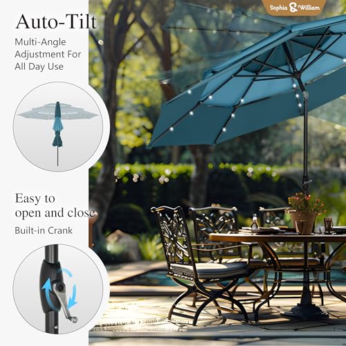 Sophia & William 10ft Patio Umbrellas 3-Tier Umbrella Outdoor Patio Umbrellas with Lights Vented Top 24 LED lights Adjustable Tilt for Pool Garden Backyard, Mixed Peacock - color: Mixed Peacock