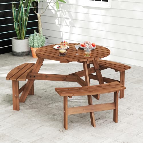 Giantex 6-Person Round Picnic Table Set with 3 Benches, 550 LBS Bench Capacity, 2" Umbrella Hole, Circular Outdoor Wood Dining Table & Chairs for Patio Yard Garden Porch Deck (68”x62”x28”,Brown) - color: Brown, size: 68”x62”x28”