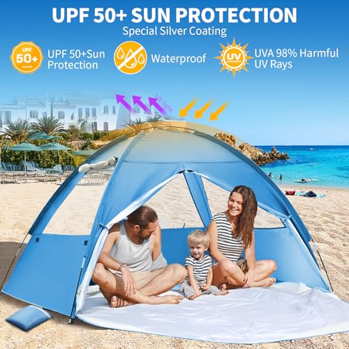 COVACURE 2026 New Upgraded Beach Tent Sun Shelter for 3-4 Person - UPF 50+ UV Protection Beach Shade, Waterproof & Lightweight, Easy Setup Portable Sun Canopy for Camping, Fishing, Beach(Blue) - color: Blue