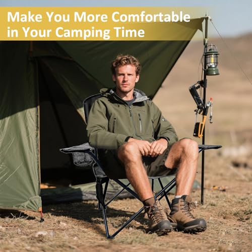 Folding Camping Chair with Cup Holder & Storage Bag, 225lbs Capacity, Large Anti-Sink Feet, Breathable PE Coated Fabric for Outdoor, Hiking, Beach, Fishing, Backpacking, 2PCS Black - color: Black, style: 2PACK