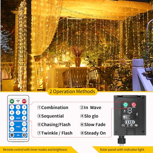 Solar Curtain Lights Outdoor Waterproof 10 * 10Ft 300LED Waterfall Light with 8 Modes Remote Rechargeable Dimmable Hanging Twinkle Fairy String Lights for Outside Christmas Gazebo Party Wedding - color: 300LED Warm White