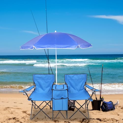 Outvita Folding Double Camping Chair w/Umbrella Beverage Holder Carrying Bag Cooler Fold Up Table, Large Bearing Capacity for Beach Patio Pool Park Outdoor Blue - color: Blue