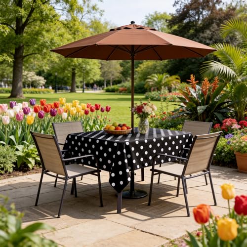 Poise3EHome Rectangle Outdoor Tablecloth with Umbrella Hole and Zipper,Black Dot 104x60 Inch,Polyester SpillProof Washable Table Cloth for Spring Summer Patio Garden Poolside Picnic Camping BBQS - color: Black Dot, size: 104" x 60" (Rectangular)