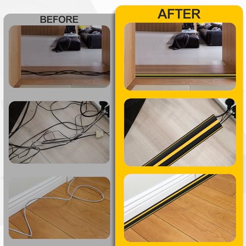 Floor Cord Cover 4.1Ft Heavy Duty PVC Floor Cable Protector Electric Cord Hider Cable Management Floor Strip Extension Cord Covers Cable Raceway for Wires on Floor Inner Channel 1.36" W x 0.43" H - color: Black & Yellow, size: 4.1Ft