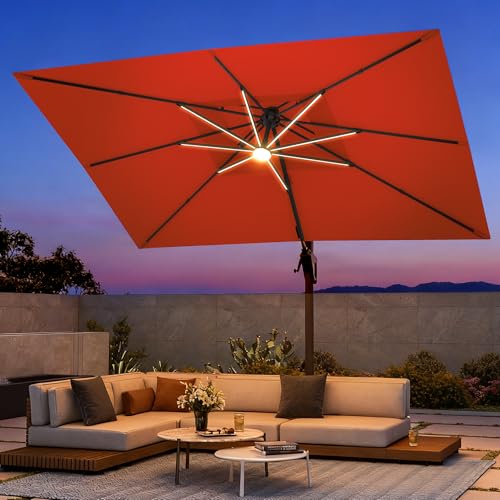 9 X 12 FT Cantilever Patio Umbrella with Led Lights and Base Included Heavy Duty Outdoor Double Top Large Rectangle Offset Umbrellas with 360-degree Rotation for Garden Pool Deck Backyard, Red - color: Red, size: 9' X 12'- Weighted Base Included(LED)