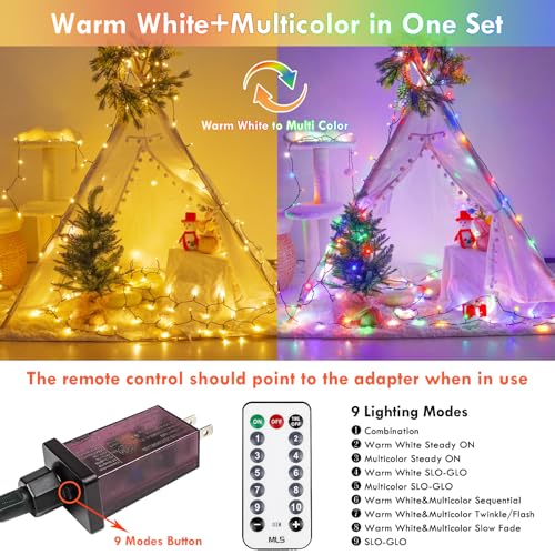 82FT 200 LED Color Changing Christmas String Lights with Remote & Timer & Memory Function, 8 Lighting Modes Waterproof Fairy String Lights for Xmas Tree Holiday Party Garden (Warm White & Multicolor) - color: Warm White & Multicolor, size: 200LED