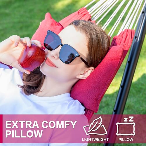PNAEUT Double Hammocks with Stand for Outside, Portable Space Saving Heavy-Duty Steel Stand for Indoor Outdoor Patio with Carrying Bag, 450 lbs Capacity (Cherry) - color: Cherry