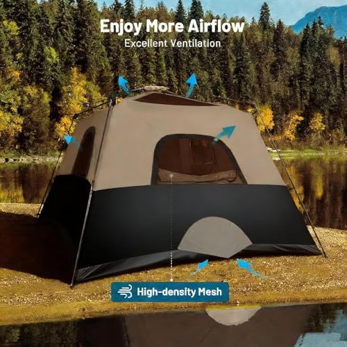 3/4 Person Camping Tent with 1 Door, 4 Windows, and Upgraded Ventilation– Instant Setup, Waterproof, 8'x 8'x 67''Oxford Fabric Floor Pop Up in 60 Seconds Includes Rainfly and Backpack - color: 4 Person Black