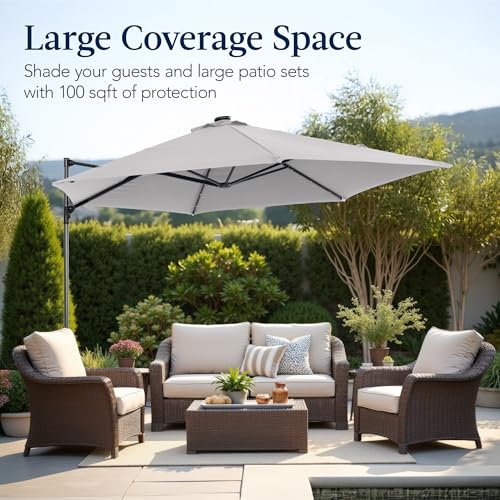 Best Choice Products 10ft Solar LED Offset Cantilever Hanging Market Patio Umbrella, Smooth 360° Rotation, 8 Sturdy Ribs, Easy Adjustment - Fog Gray - color: Fog Gray, size: Offset w/ 360° Rotation