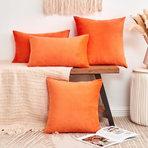 Fall Orange Throw Pillow Covers Decorative Velvet Set of 2 12x20 Inch Pillow Covers, Burnt Orange Lumbar Pillowcases for Couch Sofa Bed Living Room, Farmhouse Boho Decor, Accent Cushion Cover - color: Bright Orange, size: 20" x 12" (Pack of 2)