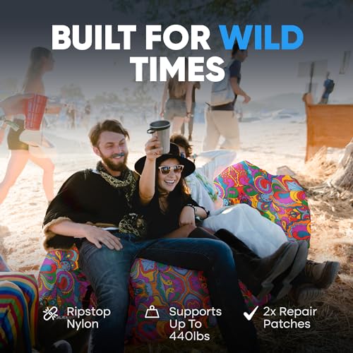 Chillbo Inflatable Couch – Unique Designs - No-Pump Setup, Ripstop Polyester, Stability Pegs, Fun Prints - Portable Air Inflatable Lounger for Beach, Camping, Festivals, and Tailgating - color: 60s Psychedelic, size: Large