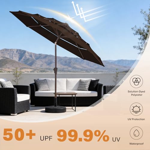 JEAREY 9FT 3 Tier Patio Umbrella Outdoor Market Umbrella Table Umbrellas with 8 Ribs 1.5 Pole Push Button Tilt and Crank UV Protection for Garden,Brown - color: Brown