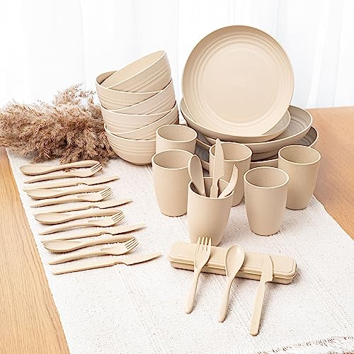 FOODLE Wheat Straw Dinnerware Set - BPA Free & Safety Certified - Unbreakable, Microwave & Dishwasher Safe Dishes - Picnic, Dorm, RV, Camping Plates Cups and Bowls - Great for Kids & Adults - For 6 - color: Pastel Beige