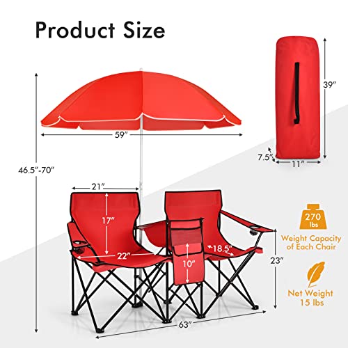 Double Camping Chair, 2-Person Portable Beach Chair w/Removable Umbrella, Cup Holders & Carrying Bag, Folding Loveseat Chairs for Adults Outdoor Picnic (Red) - color: Red