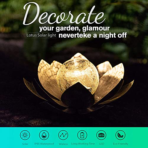 AIINY Garden Solar Light Outdoor(2Pack), Amber Crackle Globe Glass Lotus Decoration, Waterproof Gary Metal LED Flower Lights for Patio,Lawn,Walkway,Tabletop, Garden Gifts for Women - color: White