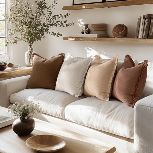 MIULEE Decorative Couch Pillow Covers Neutral Linen Fringe Throw Pillows Set of 4 Accent Rustic Cushions Boho Farmhouse Pillowcases for Bed Sofa Living Room Spring Home Decor 20x20 Inch Beige/Brown - color: Brown, size: 20" x 20" (Pack of 4)