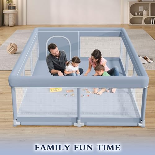 XVISHX 74 x 50 Inch Baby Playpen, Playpen for Babies and Toddlers, Baby Play Pen Playard for Indoor & Outdoor Active Center Game Fence, with Skin-Friendly Fabric and Soft Breathable Mesh, Grey - size: 74 × 50 Inch