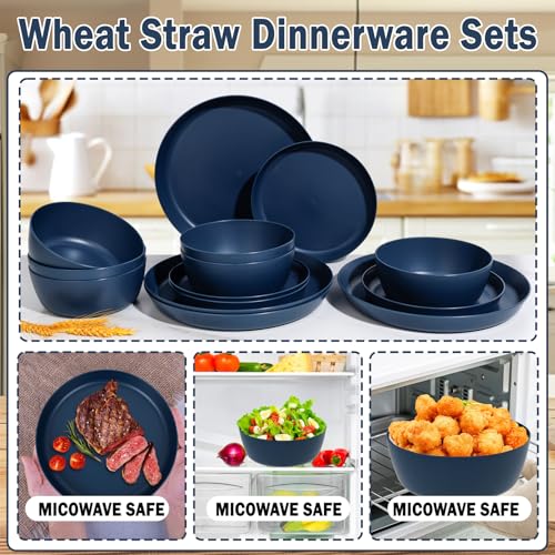 EI 12pcs Dark Blue Wheat Straw Dinnerware Set,Wheat Straw Plates,Plastic Plates Reusable,Plate and Bowls Sets,Unbreakable Plastic Plate for Dinner, Camping,Picnic - color: Dark Blue Wheat Straw Plates and Bowls