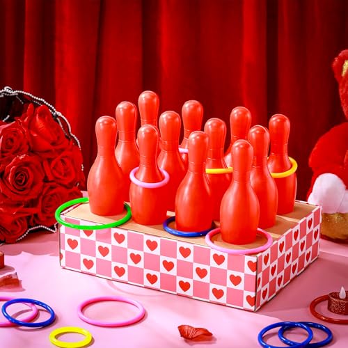 45 Pcs Valentine Bottle Toss Game Bowling Set Galentines Day Ring Toss Games Pink Red Hearts Box 12 Plastic Bowling Pins 32 Throw Rings for Holiday Party Backyard Outdoor Activity Carnival Game